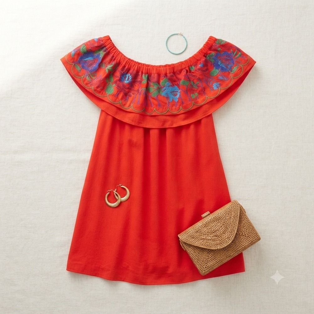 Altar'd State Dress Shirt Womens Medium Red Embroidered Off Shoulder Boho Mini